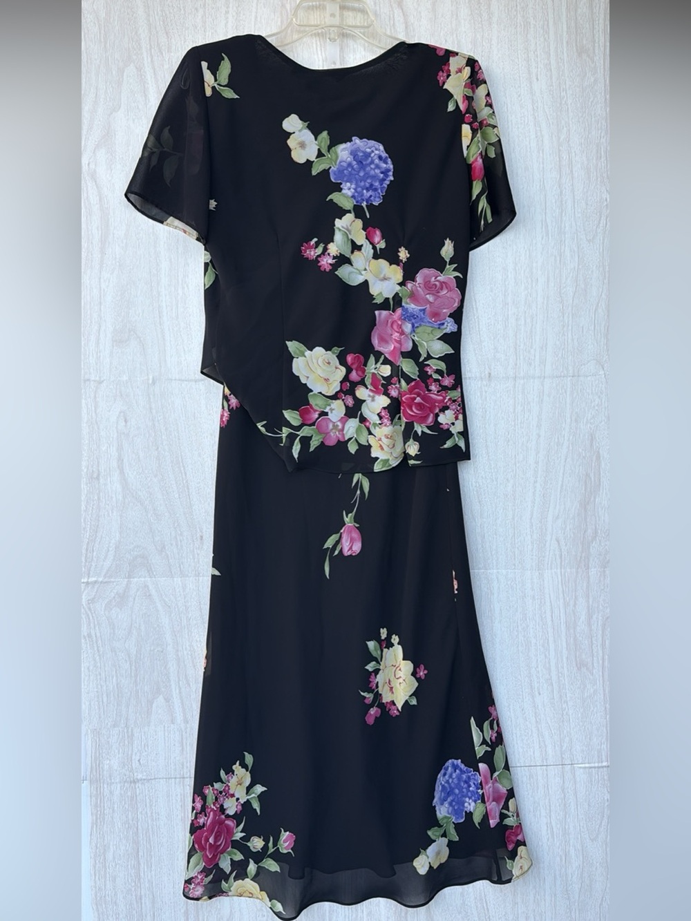 Source Unknown Black Floral Maxi Skirt Set with Pink & Purple Blooms